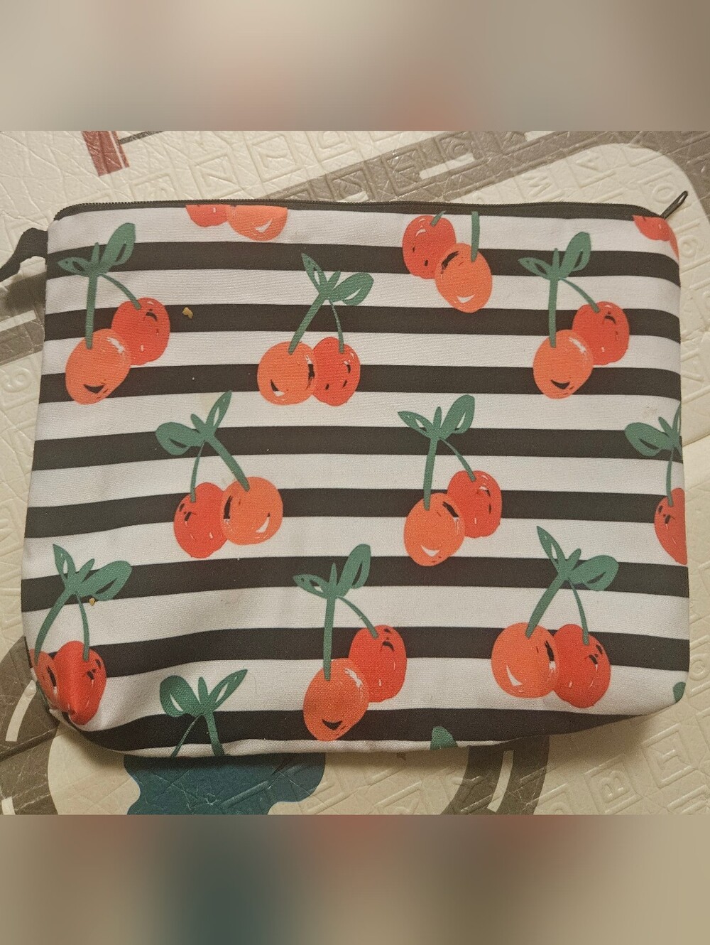 Striped Cherry Print Storage Pouch in Red, Green, Black
